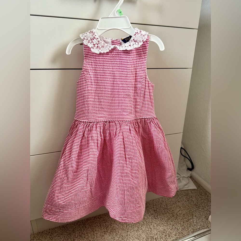 Polo Ralph Lauren Pink and White Striped Sleeveless Dress with Lace Collar